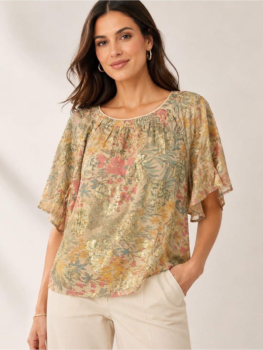 LOFT Shimmer Floral Tie Back Flutter Top Metallic Jacquard L NWT